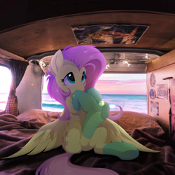 Size: 1080x1080 | Tagged: safe, artist:hioshiru, edit, character:fluttershy, species:pegasus, species:pony, bed, blanket, cheek fluff, clothing, covering mouth, curtains, cute, detailed background, ear fluff, female, fluffy, horizon, irl, leg fluff, license plate, looking up, mare, microbus, ocean, photo, photoshop, pillow, ponies in real life, poster, shoulder fluff, shyabetes, sign, sitting, smiling, socks, solo, spread wings, sweet dreams fuel, van, volkswagen, volkswagen transporter, volkswagen type 2, wallpaper, window, wings, wires