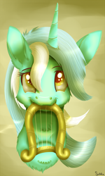 Size: 1000x1669 | Tagged: safe, artist:sintakhra, character:lyra heartstrings, species:pony, species:unicorn, bust, cute, female, fluffy, harp, mouth hold, musical instrument, portrait, simple background, solo