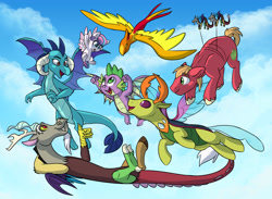 Size: 5262x3846 | Tagged: safe, artist:chub-wub, character:big mcintosh, character:discord, character:peewee, character:princess ember, character:princess flurry heart, character:spike, character:thorax, species:alicorn, species:changeling, species:draconequus, species:dragon, species:earth pony, species:phoenix, species:pony, species:reformed changeling, female, filly, male, minicords, peewee, stallion, winged spike