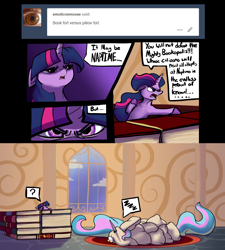 Size: 5194x5764 | Tagged: safe, artist:greyscaleart, character:princess celestia, character:twilight sparkle, character:twilight sparkle (unicorn), species:alicorn, species:pony, species:unicorn, absurd resolution, ask, book, book fort, comic, cute, cutelestia, dialogue, female, filly, filly twilight sparkle, horn impalement, mare, pillow, pillow fort, question mark, sleeping, smol, speech bubble, that pony sure does love books, that pony sure does love pillows, the tiny apprentice, tumblr, twiabetes, younger, zzz