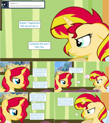Size: 1284x1444 | Tagged: safe, artist:hakunohamikage, character:sunset shimmer, oc, oc:autumn shimmer, species:pony, species:unicorn, ask-princesssparkle, ask, female, hospital, mare, tumblr