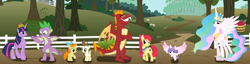 Size: 5480x1400 | Tagged: safe, artist:cheezedoodle96, artist:red4567, character:apple bloom, character:garble, character:pound cake, character:princess celestia, character:princess flurry heart, character:pumpkin cake, character:spike, character:twilight sparkle, character:twilight sparkle (alicorn), species:alicorn, species:dragon, species:pony, episode:molt down, g4, my little pony: friendship is magic, cake twins, crown, female, filly, foal, jewelry, long description, male, older apple bloom, older spike, older twilight, regalia, teenage apple bloom, teenage spike, teenaged dragon, teenager, time, winged spike