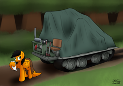 Size: 3412x2369 | Tagged: safe, artist:the-furry-railfan, oc, oc only, oc:twintails, species:pegasus, species:pony, artillery, dirt road, engine, forest, grin, letter, looking back, smiling, story included, tarp, this will end in balloons, this will end in explosions