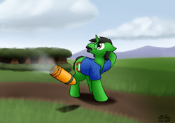Size: 2489x1757 | Tagged: safe, artist:the-furry-railfan, oc, oc only, species:pony, species:unicorn, artillery, clothing, cloud, cloudy, confused, dirt road, facial hair, forest, glasses, grass field, mountain, mountain range, moustache, this will end in balloons, this will end in explosions, vest
