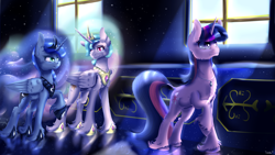 Size: 3840x2160 | Tagged: safe, artist:sintakhra, character:princess celestia, character:princess luna, character:twilight sparkle, species:alicorn, species:classical unicorn, species:pony, species:unicorn, fanfic:archmage, ship:twiluna, canterlot castle, cloven hooves, crown, ethereal mane, fanfic, fanfic art, female, fluffy, jewelry, leonine tail, lesbian, looking at each other, mare, pendant, raised hoof, regalia, royal sisters, shipping, sisters, smiling, unshorn fetlocks, window