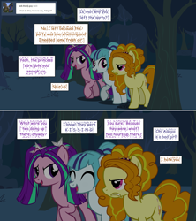 Size: 1280x1444 | Tagged: safe, artist:hakunohamikage, character:adagio dazzle, character:aria blaze, character:sonata dusk, species:earth pony, species:pony, ask-princesssparkle, ask, ponified, the dazzlings, tumblr