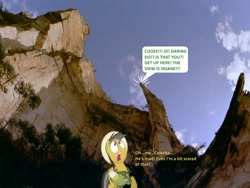 Size: 846x635 | Tagged: safe, artist:didgereethebrony, character:daring do, oc, oc:didgeree, australia, bandaged wing, blue mountains, cliffs, clothing, dialogue, fish eyed lens, hanging rock, hat, implied didgeree, mlp in australia, speech bubble, sweat, valley, yelling