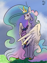 Size: 2983x3990 | Tagged: safe, artist:greyscaleart, character:princess celestia, character:twilight sparkle, character:twilight sparkle (unicorn), species:alicorn, species:pony, species:unicorn, chest fluff, colored hooves, cradling, cute, cutelestia, eyes closed, female, filly, filly twilight sparkle, greyscaleart is trying to murder us, high res, hug, looking at you, mare, momlestia, sleeping, smol, the tiny apprentice, twiabetes, winghug, younger