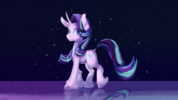 Size: 1920x1080 | Tagged: safe, artist:sintakhra, character:starlight glimmer, species:pony, species:unicorn, chest fluff, curved horn, female, mare, reflection, smiling, solo, unshorn fetlocks