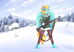Size: 1024x731 | Tagged: safe, artist:scarlet-spectrum, character:lightning dust, species:anthro, species:pony, species:unguligrade anthro, clothing, coat, female, goggles, gun, mare, pants, rifle, snow, solo, watermark, weapon