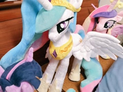 Size: 1024x767 | Tagged: safe, artist:nekokevin, character:princess cadance, character:princess celestia, character:twilight sparkle, character:twilight sparkle (alicorn), species:alicorn, species:pony, female, irl, jewelry, looking down, mare, photo, plushie, regalia, smiling, soon