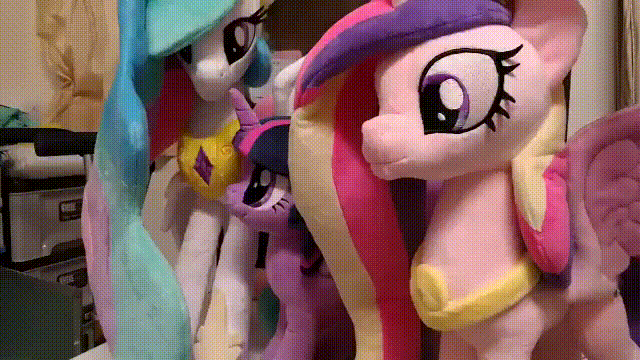 Size: 640x360 | Tagged: safe, artist:nekokevin, character:princess cadance, character:princess celestia, character:twilight sparkle, character:twilight sparkle (alicorn), species:alicorn, species:pony, :3, animated, cute, cutedance, cutelestia, female, gif, irl, jewelry, looking at you, mare, photo, plushie, regalia, smiling, twiabetes