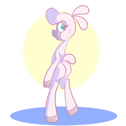 Size: 576x576 | Tagged: safe, artist:pembroke, community related, character:pom lamb, them's fightin' herds, bipedal, looking at you, looking back, sweat