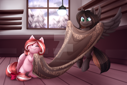 Size: 1024x694 | Tagged: safe, artist:scarlet-spectrum, oc, oc only, oc:cherry blossom, oc:netherweave, species:pegasus, species:pony, blanket, commission, cute, digital art, duo, female, flying, happy, indoors, mare, ocbetes, present, smiling, spread wings, watermark, wings