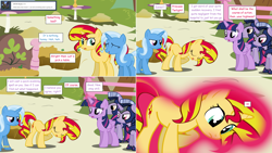 Size: 2564x1444 | Tagged: safe, artist:hakunohamikage, character:sunset shimmer, character:trixie, character:twilight sparkle, character:twilight sparkle (alicorn), species:alicorn, species:pony, ask-princesssparkle, armor, ask, dusk guard, magic, tumblr