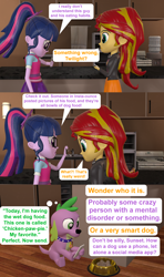 Size: 1920x3240 | Tagged: safe, artist:red4567, character:spike, character:spike (dog), character:sunset shimmer, character:twilight sparkle, character:twilight sparkle (scitwi), species:dog, species:eqg human, my little pony:equestria girls, 3d, comic, dog food, phone, social media, source filmmaker