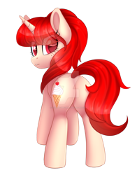 Size: 1024x1304 | Tagged: safe, artist:scarlet-spectrum, oc, oc only, oc:little vanilla, species:pony, species:unicorn, commission, digital art, eye clipping through hair, female, food, freckles, ice cream, looking back, mare, plot, red hair, red mane, red tail, simple background, solo, transparent background, watermark