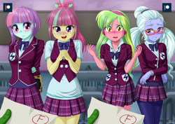 Size: 1414x1000 | Tagged: safe, artist:uotapo, edit, character:lemon zest, character:sour sweet, character:sugarcoat, character:sunny flare, oc, oc:anon, my little pony:equestria girls, adoraflare, begging, blushing, classroom, clothing, crystal prep academy uniform, crystal prep shadowbolts, cute, f, looking at you, open mouth, pipboy, quartet, school uniform, smiling, sourbetes, sugarcute, zestabetes