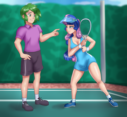 Size: 1517x1400 | Tagged: safe, artist:thebrokencog, character:bon bon, character:spike, character:sweetie drops, species:human, clothing, commission, dress, humanized, sports, sports dress, tennis, tennis racket
