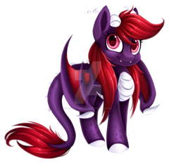 Size: 1024x962 | Tagged: safe, artist:scarlet-spectrum, oc, oc only, oc:scarlet spectrum, species:dracony, species:pony, cute, cute little fangs, dawwww, digital art, fangs, female, hybrid, lineless, looking at you, mare, ocbetes, red hair, red mane, red tail, simple background, smiling, transparent background, watermark, wide eyes