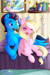 Size: 2000x3000 | Tagged: safe, artist:scarlet-spectrum, artist:xwhitedreamsx, oc, oc only, oc:andrew swiftwing, oc:bay breeze, species:pegasus, species:pony, bed, bedroom, blushing, book, bookshelf, bow, brush, brushing, eyes closed, hair bow, lightly watermarked, open mouth, picture in picture, smiling, stars, swiftbreeze, watermark