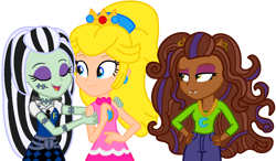 Size: 1378x807 | Tagged: safe, artist:diamond-bases, artist:diamondlbases, artist:user15432, base used, species:human, my little pony:equestria girls, amulet, barely eqg related, bolts, clawdeen wolf, clothing, crossover, crown, cute, cute little fangs, dress, ear piercing, earring, equestria girls style, equestria girls-ified, fangs, frankenstein, frankie stein, hasbro, hasbro studios, jewelry, mattel, monster high, necklace, nintendo, piercing, ponytail, princess peach, regalia, super mario bros., super smash bros., werewolf