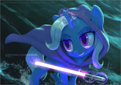 Size: 1024x726 | Tagged: safe, artist:grissaecrim, character:trixie, species:pony, species:unicorn, clothing, crossover, female, glowing horn, hoodie, levitation, lightsaber, magic, mare, signature, smiling, solo, star wars, telekinesis, watermark, weapon