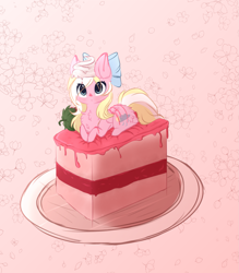 Size: 1691x1926 | Tagged: safe, artist:little-sketches, artist:studio-chan, oc, oc only, oc:bay breeze, species:pegasus, species:pony, bow, cake, chibi, cute, female, fluffy, food, hair bow, looking at you, mare, micro, ocbetes, ponies in food, prone, solo, tiny ponies