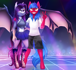 Size: 1024x944 | Tagged: safe, artist:scarlet-spectrum, oc, oc only, oc:dawn aurora, oc:firewolfy, species:anthro, species:bat pony, species:pony, species:unguligrade anthro, anthro oc, bat pony oc, breasts, clothing, commission, cute, cute little fangs, dance club, digital art, fangs, female, halter top, looking at you, male, mare, midriff, miniskirt, pale belly, peace sign, pleated skirt, shorts, skirt, smiling, stallion, stockings, watermark, wings