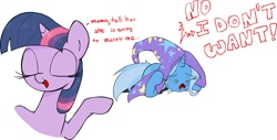 Size: 1161x592 | Tagged: safe, artist:zev, character:trixie, character:twilight sparkle, species:pony, species:unicorn, cowering, crying, cute, do not want, eyes closed, female, frown, implied lesbian, implied shipping, implied twixie, mare, open mouth, prone, raised hoof, simple background, smiling, white background