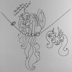 Size: 1280x1280 | Tagged: safe, artist:greyscaleart, character:fluttershy, character:princess celestia, species:bird, species:pony, behaving like a bird, concerned, ed edd n eddy, faec, majestic as fuck, missing cutie mark, monochrome, rolf, roosting, sillestia, silly, silly pony, sitting, telephone lines, traditional art, wat
