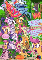 Size: 3508x4961 | Tagged: safe, alternate version, artist:jowyb, character:apple bloom, character:applejack, character:rainbow dash, character:rarity, character:scootaloo, character:sweetie belle, species:duck, species:pegasus, species:pony, camping outfit, comic, cutie mark crusaders, daffy duck, dashabuse, facehoof, faceplant, laughing, looney tunes, pig, porky pig, rainbow crash, robin hood daffy, tears of laughter, yoiks and away