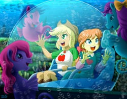 Size: 1400x1086 | Tagged: safe, artist:uotapo, character:applejack, character:bowtie (g1), character:megan williams, species:sea pony, episode:rescue at midnight castle, equestria girls:rollercoaster of friendship, g1, g4, my little pony 'n friends, my little pony: equestria girls, my little pony:equestria girls, amusement park, amusement ride, applejack's hat, call upon the sea ponies, clothing, cowboy hat, cute, duo, equestria land, female, g1 to equestria girls, generation leap, geode of super strength, hat, jackabetes, ride, sea ponies, shoo be doo, species swap, underwater, uotapo is trying to murder us