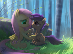 Size: 1368x1003 | Tagged: safe, artist:grissaecrim, character:fluttershy, character:scootaloo, species:pegasus, species:pony, bandage, cute, cutealoo, dressing, duo, female, filly, fluttermom, forest, grass, helping, injured, looking at each other, mare, outdoors, scootalove, shyabetes, smiling
