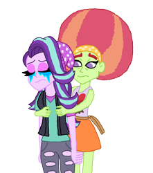 Size: 2000x2264 | Tagged: safe, artist:ktd1993, character:starlight glimmer, character:tree hugger, my little pony:equestria girls, afro, alternate hairstyle, comfort, comforting, crying, female, hug, lesbian, sad, shipping, simple background, starhugger, transparent background