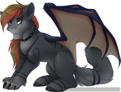 Size: 770x588 | Tagged: safe, artist:scarlet-spectrum, oc, oc only, oc:zorah, species:pony, amputee, art trade, bushy tail, cat tail, catpony, claws, digital art, fangs, female, heterochromia, hybrid, mare, missing limb, one wing, original species, paws, signature, simple background, solo, transparent background