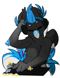 Size: 2550x3300 | Tagged: safe, artist:bbsartboutique, oc, oc only, oc:turntable, species:hippogriff, colored, commission, digital art, eyes closed, feather, headbang, headphones, hippogriff oc, male, record, signature, simple background, solo, transparent background, trotcon, trotcon 2018, turntable, white outline, wings