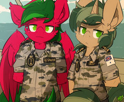Size: 2550x2100 | Tagged: safe, artist:bbsartboutique, oc, oc only, oc:cotton, oc:melon specter, species:anthro, species:pegasus, species:pony, species:unicorn, anthro oc, arm behind back, australia, camouflage, clothing, duo, epaulettes, looking at you, male, military uniform, navy, sea patrol, serious, uniform