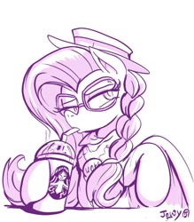 Size: 698x798 | Tagged: safe, artist:jowyb, character:fluttershy, species:pegasus, species:pony, episode:fake it 'til you make it, alternate hairstyle, clothing, drinking, female, glasses, hat, hipstershy, mare, monochrome, simple background, solo, starbucks, straw, white background, woke