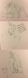 Size: 1280x3520 | Tagged: safe, artist:greyscaleart, character:princess celestia, species:alicorn, species:earth pony, species:pony, behaving like a bird, brooding, comic, dialogue, egg, female, grayscale, majestic as fuck, male, mare, momlestia, monochrome, pencil drawing, sillestia, silly, spike's egg, stallion, traditional art, unnamed pony