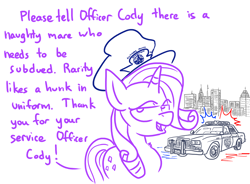 Size: 1280x944 | Tagged: safe, artist:adorkabletwilightandfriends, character:rarity, species:pony, species:unicorn, ask adorkable twilight, ask adorkable twilight and friends, baltimare, car, city, cityscape, clothing, dodge diplomat, female, hat, mare, police, police car, police hat, skyline