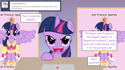 Size: 1280x720 | Tagged: safe, artist:hakunohamikage, character:twilight sparkle, character:twilight sparkle (alicorn), species:alicorn, species:pony, ask-princesssparkle, angry, april fools, ask, big crown thingy, female, jewelry, regalia, solo, tumblr