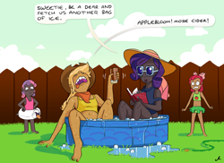 Size: 4400x3200 | Tagged: safe, artist:docwario, character:apple bloom, character:applejack, character:rarity, character:sweetie belle, species:human, angry, bandana, barefoot, belly button, book, chocolarity, clothing, dark skin, dialogue, drink, feet, female, fence, glass, hairy legs, hand on hip, human coloration, humanized, ice, ice cube, midriff, nail polish, open mouth, quartet, sisters, speech bubble, sunglasses, swimming pool, swimsuit, water