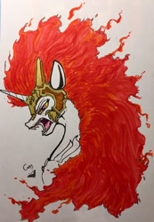 Size: 888x1280 | Tagged: safe, artist:greyscaleart, character:daybreaker, character:princess celestia, species:alicorn, species:pony, bust, female, fire, helmet, mare, open mouth, portrait, signature, simple background, solo, teeth, traditional art, white background