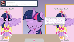 Size: 1280x720 | Tagged: safe, artist:hakunohamikage, character:twilight sparkle, character:twilight sparkle (alicorn), species:alicorn, species:pony, ask-princesssparkle, april fools, ask, big crown thingy, female, jewelry, out of character, regalia, solo, tumblr