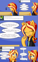 Size: 2000x3200 | Tagged: safe, artist:jake heritagu, character:flash sentry, character:sunset shimmer, species:pony, species:unicorn, comic:ask motherly scootaloo, comic:ask motherly sunset shimmer, ship:flashimmer, blushing, box, clothing, comic, female, implied pregnancy, shipping, singing, straight