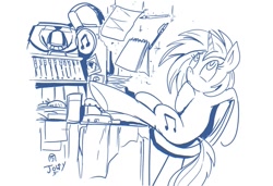 Size: 1019x696 | Tagged: safe, artist:jowyb, character:dj pon-3, character:vinyl scratch, species:pony, species:unicorn, female, glass, headphones, lineart, mare, monochrome, notebook, pen, solo, thinking