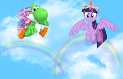 Size: 2312x1492 | Tagged: safe, artist:decprincess, artist:mlp-scribbles, artist:user15432, character:twilight sparkle, character:twilight sparkle (alicorn), species:alicorn, species:pony, big crown thingy, blue sky, cloud, crossover, crown, dinosaur, element of magic, fairy wings, flying, hasbro, hasbro studios, jewelry, nintendo, rainbow, rainbows, regalia, sky, super mario bros., super smash bros., wings, yoshi, yoshilight