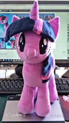 Size: 576x1024 | Tagged: safe, artist:nekokevin, character:twilight sparkle, character:twilight sparkle (alicorn), species:alicorn, species:pony, computer, cute, deviantart, female, irl, keyboard, looking at you, mare, photo, plushie, smiling, tablet, twiabetes