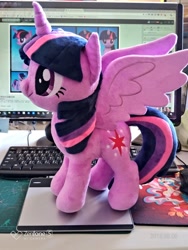 Size: 768x1024 | Tagged: safe, artist:nekokevin, character:twilight sparkle, character:twilight sparkle (alicorn), species:alicorn, species:pony, computer, cute, cutie mark, deviantart, female, irl, keyboard, mare, photo, plushie, spread wings, tablet, twiabetes, wings